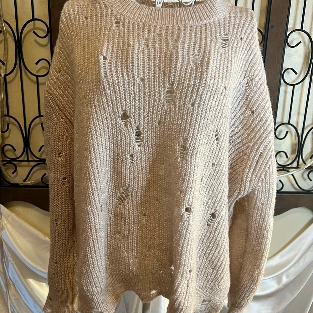SHEIN Distressed Knit Sweater - Cream